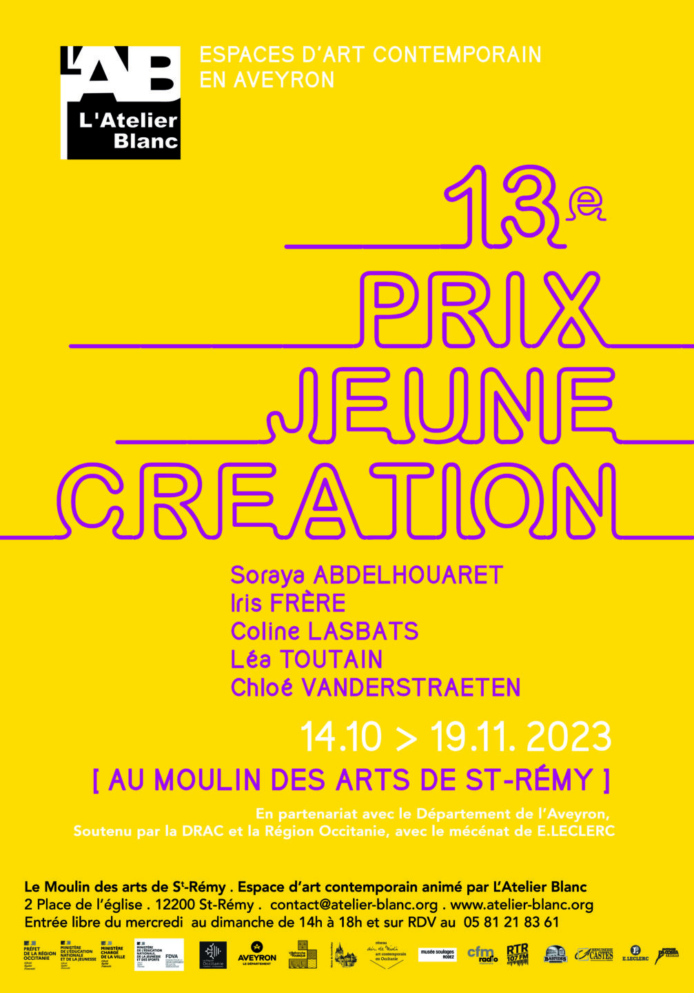 AFFICHE MASR 13e PJC jaune - 13e PRIX JEUNE CREATION AU MOULIN DES ARTS DE ST-REMY - Quimper Brest