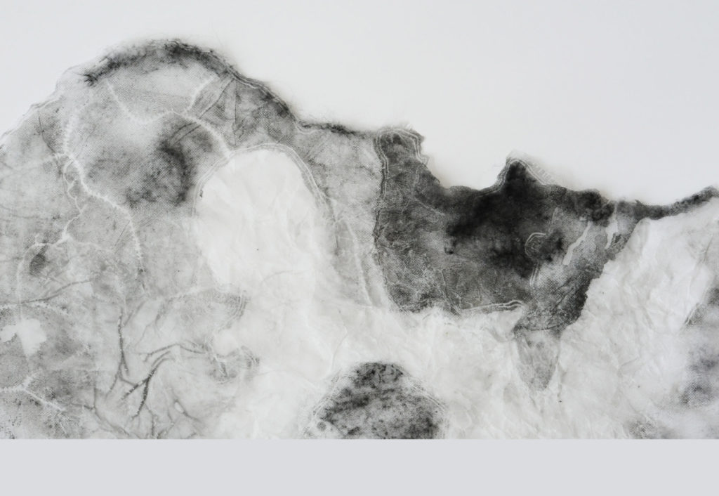 Anne Laval-Linceul du Monde (fragment) 2-2024-70:50 cm - impression sur voile d'hivernage brulée, cirée, et piquée de laine