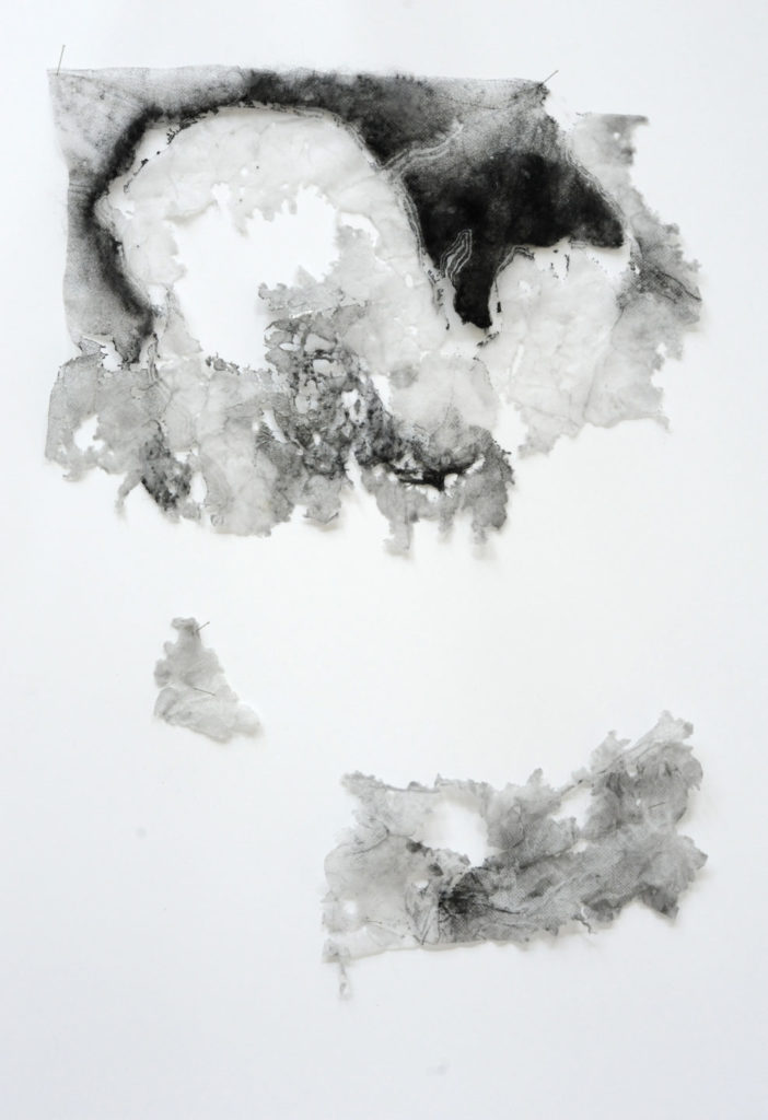 Anne Laval-Linceul du Monde (fragment)-2024-70:50 cm - impression sur voile d'hivernage brulée, cirée, et piquée de laine